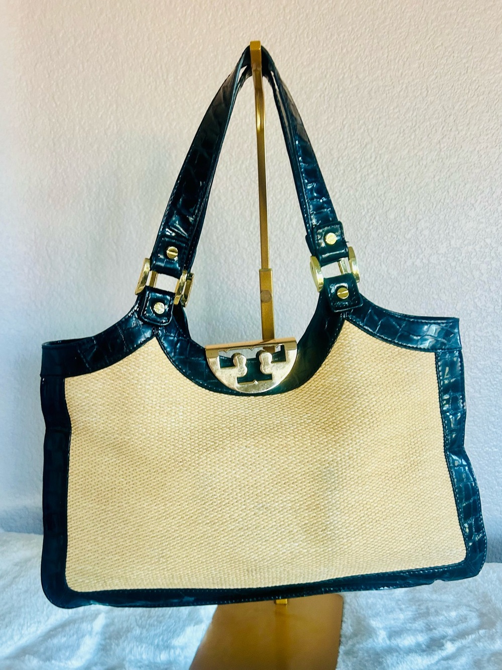 Tory Burch Black Trim and Beige Straw Shoulder Bag with Gold Hardware